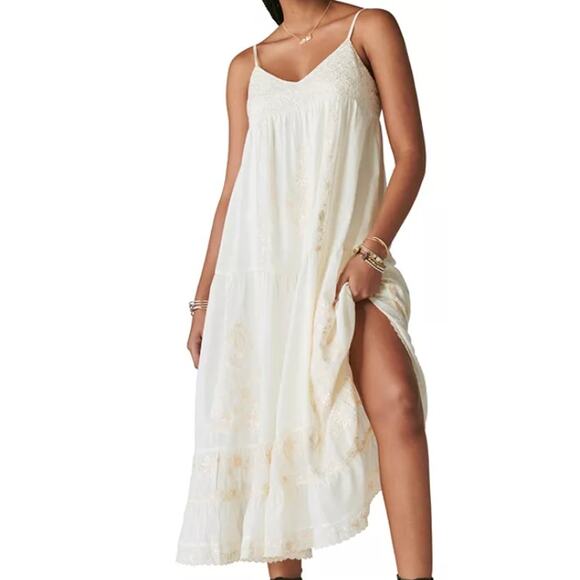 Lucky Brand Cream, Boho, Lace Embroidered, Lined, Slip Maxi Dress- XL - Picture 1 of 12